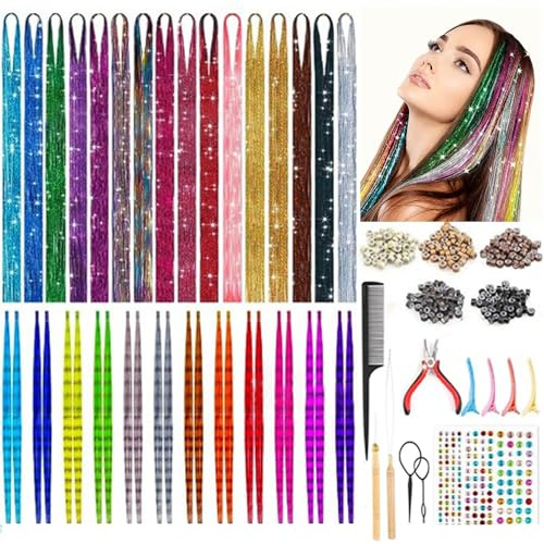 Set di 29 extension colorate per capelli, 123 cm, con brillantini, per bambini, donne, con piume colorate, con strumenti per carnevale, carnevale e festival