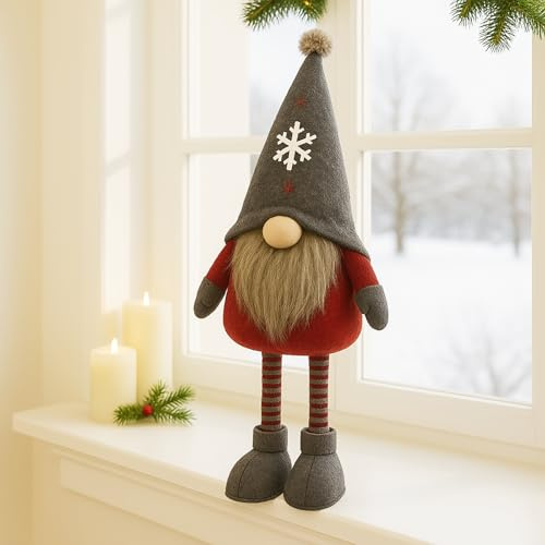 KAMACA Wichtel mitTeleskop Beinen in Grau/Rot bis 65 cm Höhe gemütliche Hingucker für Fensterbank Regal & Kamin Weihnachtsdeko WInterdeko Geschenk (Teleskop Schlafmützenwichtel grau Mütze)