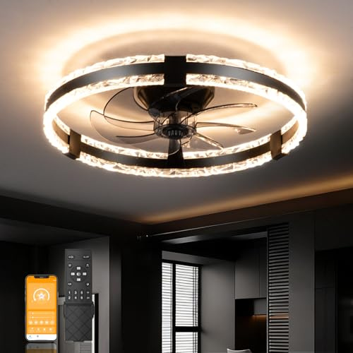 AQLEDY Deckenventilator Mit Beleuchtung Und Fernbedienung APP Leise, Modern Dimmbar Deckenlampe Mit Ventilator 6-Gang, LED Licht Mit Ventilator Für Schlafzimmer Wohnzimmerlampe (Schwarz)