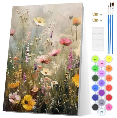 EOBROMD Måla med Siffror för Vuxna med Ram, Vilda Blommor Paint by Numbers, DIY Akrylfärgmålningssats för Vuxna med Akrylfärgborstar Pigmentfärg 20x30cm