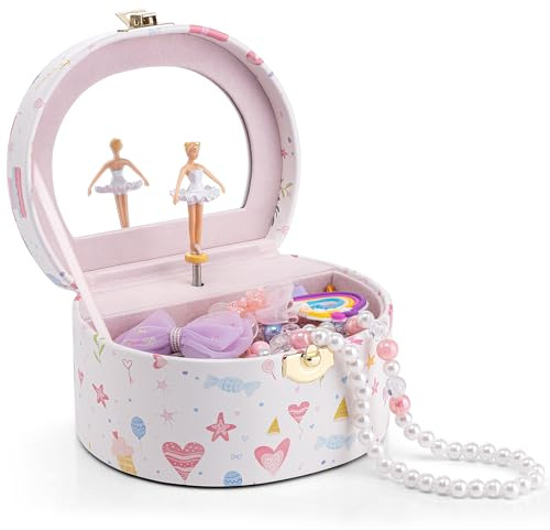 Vlando Joyero musical con bailarina giratoria, estuche de almacenamiento de joyas de mano, caja de música para niños, cajas de almacenamiento de joyas con tapas para pulseras, anillos, collares