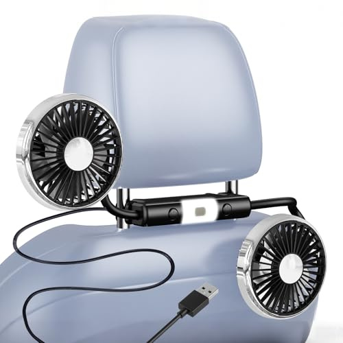 NIFBANG USB Ventilator Auto,11,5-16,5 cm Kopfstütze Lüfter 360° Verstellbar Flexibler Schlauch,Doppelkopf Mini Leiser Auto Fan mit 3 Stufen & Licht für Kinder,Baby,SUV,PKW,LKW,Wohnmobil Ventilator