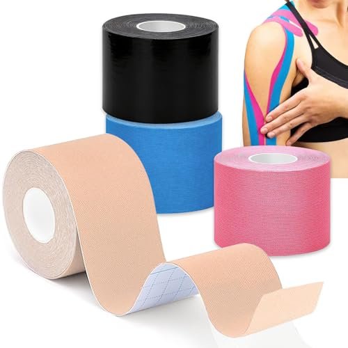 4 Rollos Cinta de Kinesiología Kinesiotape Set 5 m x 5 cm,Cinta deportiva elástica terapéutica para hombros, rodilla, codo, alivio del dolor, sin látex, resistente al agua, transpirable