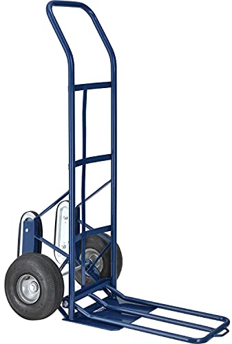 Global Industrial General Purpose Steel Hand Truck with Curved Handle & Stair Climbers, 10 Diameter Pneumatic Wheels, 14 W x 10 L Noseplate, 600 Lb. Capacity