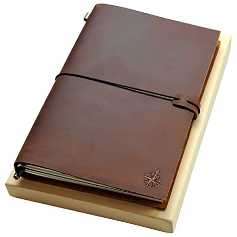 WANDERINGS Large Leather Journal - 19x28.5cm - The Grande Refillable Travel Notebook - Perfect for Writing Sketching Scrapbooks Drawing Travelers Professionals - Blank Inserts