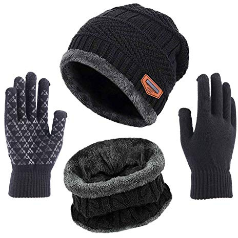 TMEOG Bonnet Homme Femme Hiver Echarpe Gants Ensemble Cache Cou Beanie Tour de Cou Gants de Écran Tactile, Bonnet Écharpe Polaire Snood Chaud Gants Tricoté pour Homme Femme(Antidérapant palm_noir)