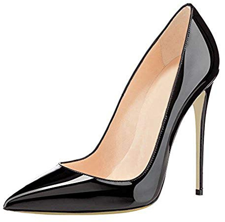 COLETER Women's Sexy Pointed Toe High Heels,4.72 inch/12cm Patent Leather Pumps,Wedding Dress Shoes,Cute Evening Stilettos Patent Black 8 US