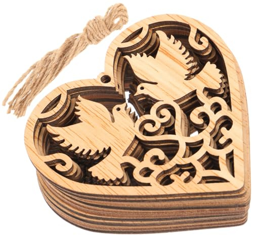 Healifty 10pcs Heart Wood Slices Love Birds Shaped Wooden Chip Hanging Wood Slices Wedding Decorations Ornaments with Strings