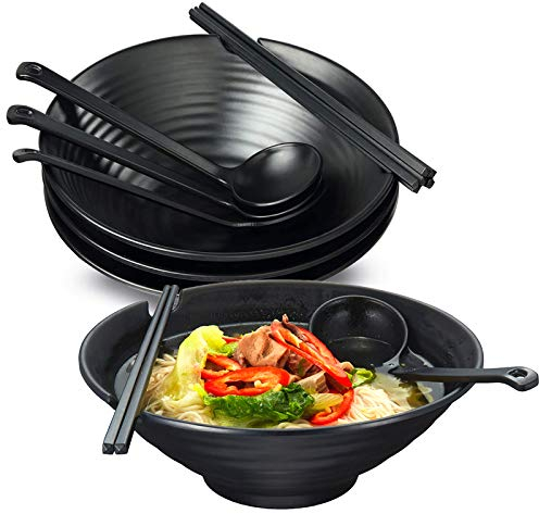 Lanbent 4 Stück Japanische Ramen Schüssel Set, Füllmenge 1000 ml Premium Rutschfeste Suppe Schale mit Löffel und Essstäbchen, Multifunktional Müslischale für Pasta Obst Nudel Salat, Schwarz
