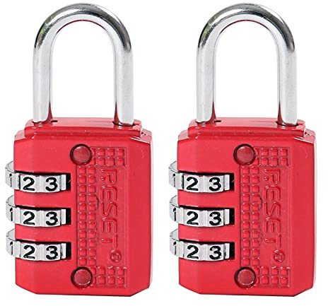 RESET-071 Cadenas à code 3 chiffres réinitialisable, rouge, lot de 2 | Deux petits cadenas sans clé à 3 chiffres pour fermetures éclair, carnets personnels et petites boîtes en intérieur.