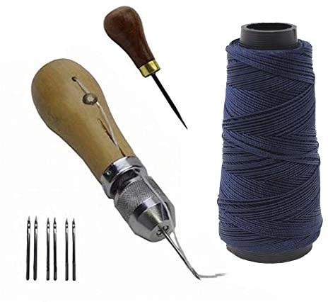 JC Performance Leather Sewing Awl Quick Stitch Repair Tool Set Heavy Duty Thread (with Stab Tool, Navy Blue)