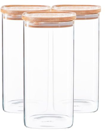 Argon Tableware Square Glass Storage Jars with Airtight Wooden Lids - 1500ml - 6 Pack - Modern Kitchen Container Preserving Jars for Pickling, Chutney, Jam, Coffee, Olives, Sugar, Spices