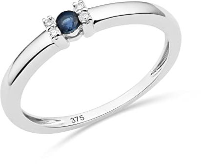 MIORE Schmuck Damen 0.02 Ct Diamant Verlobungsring mit Edelstein Geburtsstein natürlicher blauer Saphir und 4 Diamanten Brillanten Ring aus Weißgold 9 Karat (375) Gold