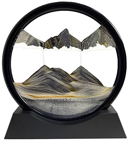 3D Sandbilder Zum Drehen - Dynamisches Sandbild Runde Glas Rahmen, Bewegliche Sandkunst Landschaft, Fließende Sandmalerei für Büro Desktop Dekoration (Schwarz, 7)