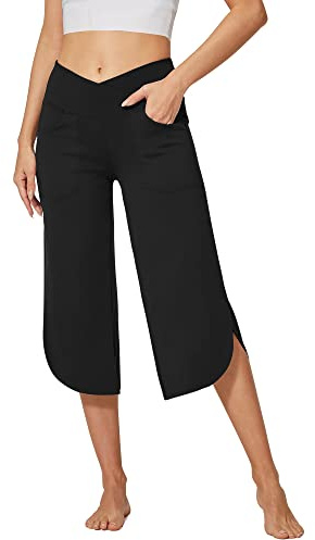 G4Free Pantacourt Femme Été Pantalon 3/4 Taille Haute Croisée Capri Pants avec Poches Ample Stretch Pantalon Yoga(Noir,L)