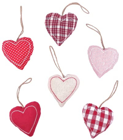 6X Stoffherzen zum Hängen, je 9 cm Textil Herzen in Rot, Weiß & Beige | mit Juteband, weiche Füllung, romantische Deko, Geschenkanhänger, Deko-Anhänger, Valentinstag, Hochzeit