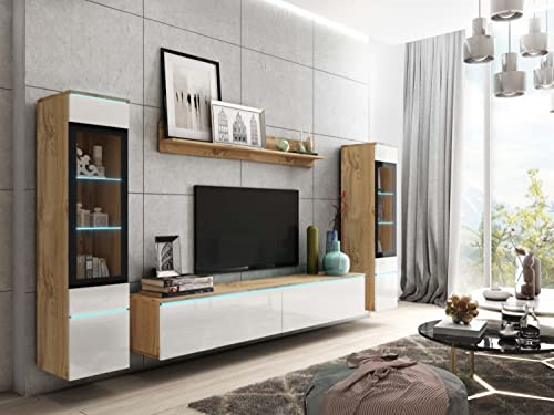 MINIO go for it - Wohnwand 4-Teilig Set Veve 2, Hängend/Stehend - ohne LED | 2x Hochschrank-Vitrine, Lowboard, Wandboard, Laminierte Spannplatte, Wotan Eiche und Weiß Gloss