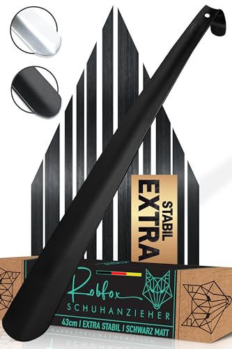 Robfox 43 cm Schuhlöffel lang - extra stabil - Schuhanzieher Metall | Schwarz matt - stabiler Edelstahl Schuhlöffel & Schuhanzieher für zuhause, Reise & Gym, für Damen & Herren