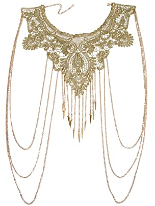 ISKAEN Körperketten für Frauen, Modisch Geschichtet Quaste Körperkette Schmuck Bikini Körperschmuck Gold Spitze BH Kette Zubehör für Damen