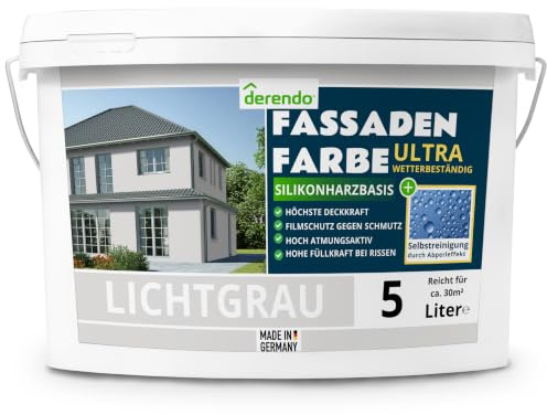 derendo Fassadenfarbe Grau ULTRA Silikonharzfarbe Lichtgrau aussen 5l | Für Putz Beton, Abperleffekt, wasserabweisend, UV-beständig, hohe Deckkraft, rissfüllend, diffusionsoffen, Made in Germany,