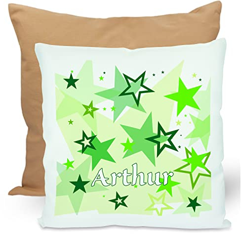 CreaDesign, Kinder Kissen 40x40 cm personalisiert mit Namen, Kinderzimmer Deko Kissen Kinder mit Füllung Federn, Motiv Sterne grün, Rückenfarbe Beige