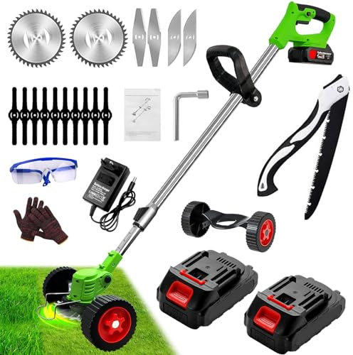 Gompuy Coupe Bordure sans Fil avec Batterie Débroussailleuses Electrique avec Lame Rechange, Débroussailleuse à Batterie à roulettes Amovibles, Réglable en Hauteur, Léger, Adapté Aux Familiaux