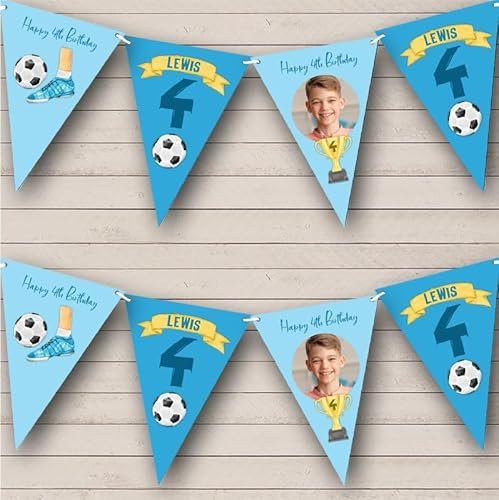 Fingerprint Designs 4th Birthday Boy Kids Football Sport Yellow Photo Any Age Personalised Bunting