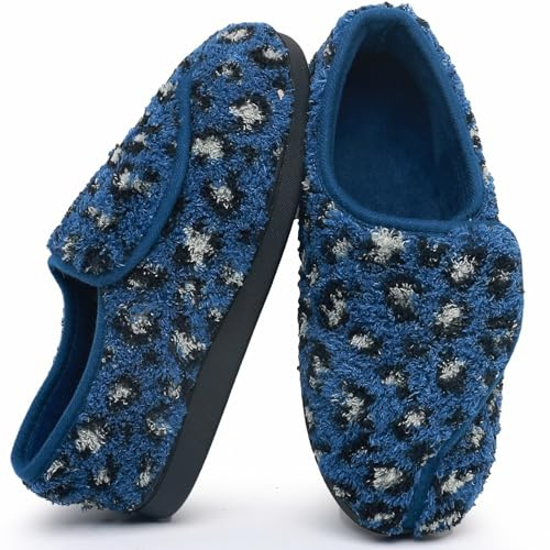 Git-up Ladies Diabetic Slippers Arthritis Edema Memory Foam Adjustable Closed Toe Swollen Feet Slippers Comfortable House Indoor Outdoor Shoes with Rubber Sole UK6 BLUE LEOPARD