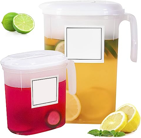 2Pcs Plastic Jug with Lid,1.5L+2L Plastic Water Pitchers with Handle Heat Resistant Refrigerator Cold Kettle Clear Fridge Drink Container Reusable Fidge Water Pitcher for Water Drinks