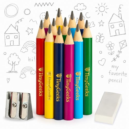 TinyGeeks Jumbo blyertspennor HB – NY – 12 tjocka pennor – trekantspennor för barn + pennvässare – Perfekt för förskola, småbarn och nybörjare + rekommenderas av lärare och experter