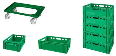 7 Stück E2-Kasten grün + 1 Transportroller mit vier Lenkrollen grün
