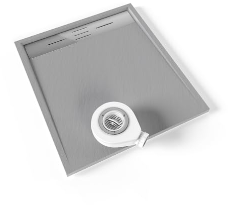 Moments of Glass Plato de ducha SMC Hiemal 90x80 cm, Gris RAL 7030 – Antiderrapante, Textura Pizarra, Antibacteriano, Resistente a agentes químicos – Incluye válvula y rejilla Inox