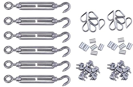 Drahtseilklemme 6Set Kabelgeländer-Set, M6-Haken und Ösen-Spannschloss, Drahtseilspannung, M3-Clip-Klemme, Aluminium-Crimpschlaufe, Edelstahl 304 Seilklemme