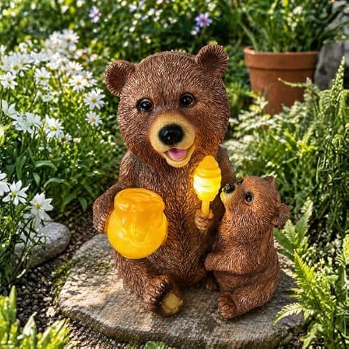 Garden Mile Solar Garden Ornament Honey Bear – Resin Figurine with LED Lights, Solar Powered Outdoor Garden Decoration, Weatherproof for Patio, Lawn & Garden