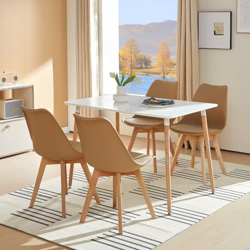 LafeuR Esszimmergruppe Esstisch mit 4 Stühlen Essgruppen, Rechteckig Küchentisch-Set für 4 Personen Sitzgruppe für Wohnzimmer Küche Büro(Weiß Tisch+4 Khaki Esszimmerstühle)