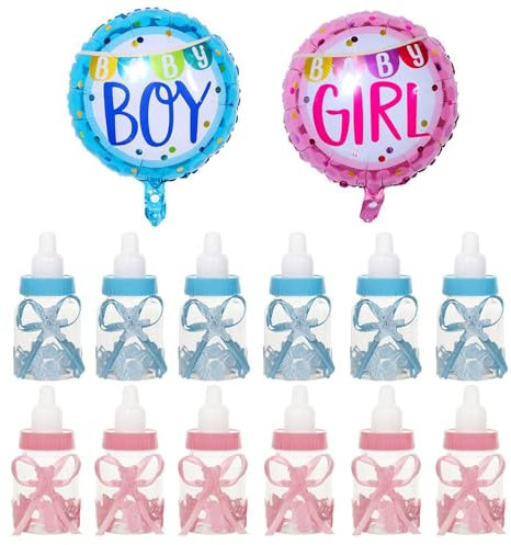 12 Scatole Per Caramelle Nuziali Per Biberon, 2 Palloncini Di Genere, Bottiglie Di Caramelle Ricaricabili, Scatole Per Caramelle Nuziali Per Il Primo Compleanno Del Neonato
