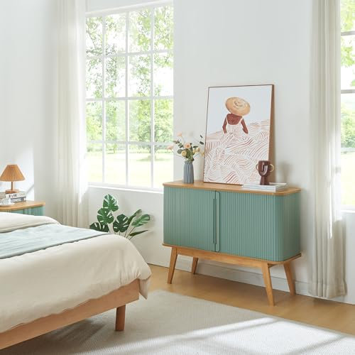 [en.casa] Kommode Tysvær Sideboard mit 2 Schiebetüren Blau Mehrzweckschrank 110 x 40 x 80 cm Wohnzimmerschrank Bambus Buffetschrank