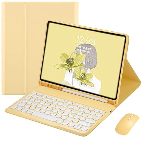 Funda Teclado con Ratón Bluetooth para iPad Mini 1/Mini 2/Mini 3/Mini 4/Mini 5 (7,9 Pulgadas), Español Ñ QWERTY Teclado Bluetooth Inalámbrico Removible Magnético con Ranura para Lápiz, Amarillo-A