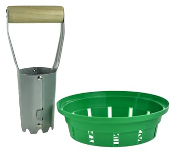 SET: Zwiebelpflanzer & 10 Stk. Zwiebelpflanzschalen ⌀ 18-30cm, Robuste Pflanzhilfe Schalen 10er Satz Pflanzschale mit Blumenzwiebelpflanzer für Tulpen und andere Zwiebeln, grüne Blumenkörbe (⌀18cm)