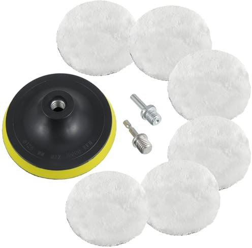 HUAREW Pad in Lana 6 Pezzi, Dischi per Lucidare con M14 Adattatore rotondi, Kit Lucidatura Auto Lana, Smerigliatrice angolare Copertura per lucidatura Spugna per lucidatura Auto（125mm）