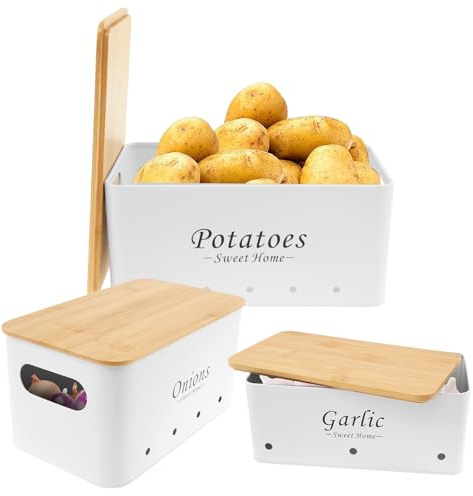 Juego de 3 latas de almacenamiento de verduras, apilables, cebolla, ajo, patatas, contenedor de almacenamiento de acero al carbono con agujero de ventilación y tapa de madera, recipientes multiusos