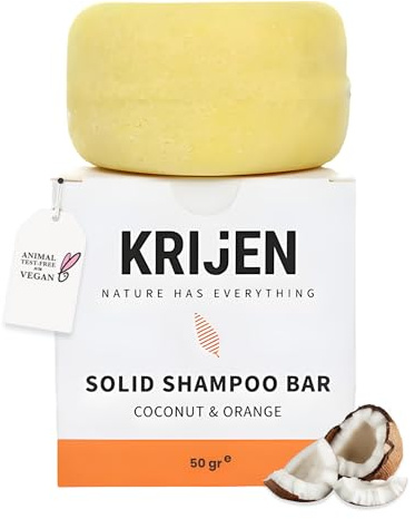 Krijen Shampooing Vegan Festes à l'huile de coco & à l'huile d'orange - Volume pour cheveux fins & normaux - Avec protéines végétales & provitamine B5 - Fait main - Agit même avec de l'eau dure - 50g