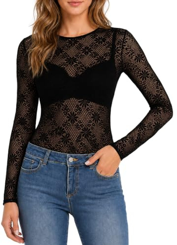 Mujer Camiseta Transparente Manga Larga Camiseta Sexy Malla Top Elegante Camiseta Rejilla Slim Chic Blouses Sheer Clubwear Casual T-Shirt
