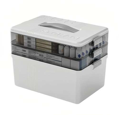 Medikamenten Aufbewahrung, 3 Schicht Medikamentenbox Groß, Hausapotheke Box mit Henkel, Medikamenten Organizer, Erste Hilfe Kasten, Tragbare Große Kapazität Medizinbox für Haushalt und Reisen (Weiß)