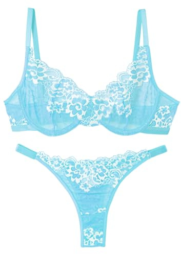 AIEOE Sexiga underkläder för kvinnor sexiga underkläder set för kvinnor sexiga underkläder transparent nätbehå med bygel tanga spetsar push up bh underkläder blommor broderade remmar stringtrosa 2