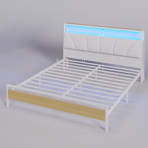 Brinlawb Letto Imbottito 180x200 cm, Struttura letto con Luce LED e Stazione di Ricarica (2 Prese CA 2 Porte USB) Letto Matrimoniale con testiera e pediera, Facile da montare, Moderno, Bianco