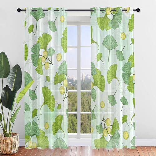 FANSU 2er Set Scheibengardinen, Ginkgo Biloba Druck Halbtransparent Schlaufengardinen, Gardinen Küche Türgardine für Wohnzimmer, Schlafzimmer (Grün,132x244cm)