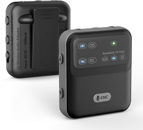 Ricevitore audio Bluetooth 5.4, adattatore wireless AAC LC3 a clip con microfono ENC per traduzione in chiesa, guida turistica AUX da 3,5 mm, adattatore audio wireless per streaming musicale stereo