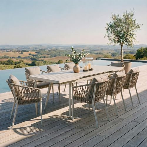 IDIMEX Gartenmöbel Set Sunny mit ausziehbarem Esstisch und 8 Stühlen, Esstisch Gestell aus Alu in weiß, Seilbespannung der Stühle in beige, Essgruppe inkl. Sitzkissen, Terassenmöbel