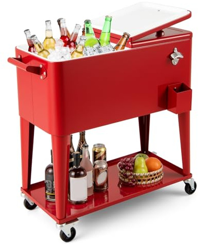 COSTWAY 75L Rolling Ice Chest, Portable Patio Beverage Cooler Cart with Bottle Opener and Wheels, Outdoor BBQ Bar Party Drink Ice Bucket Trolley (Red, with Shelf)
